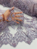 Beaded Floral Fabric - Dark Lavender - Embroidered Flower Cluster Beaded Fabric Sold By Yard