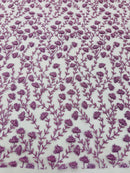 Shimmer Glitter Flower Fabric - Dark Lavender - Small Glitter Flower Design on Lace Sold By Yard