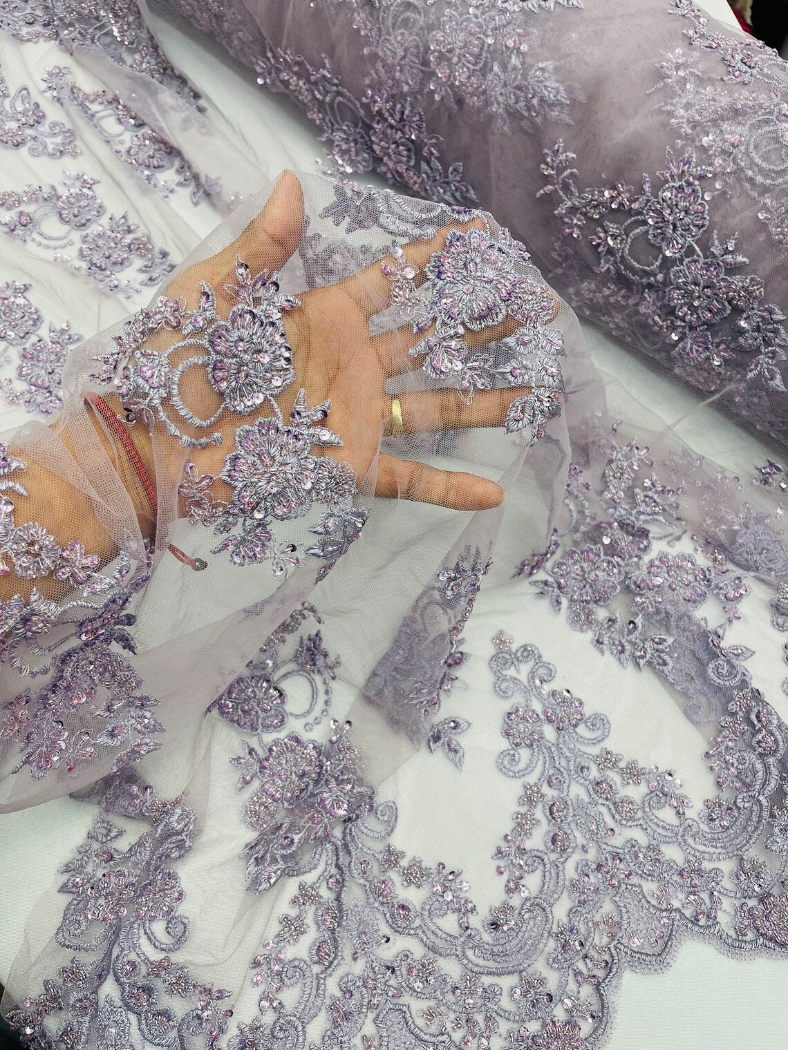 Beaded Floral Fabric - Dark Lavender - Embroidered Flower Cluster Beaded Fabric Sold By Yard