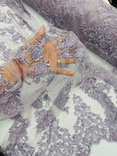 Beaded Floral Fabric - Dark Lavender - Embroidered Flower Cluster Beaded Fabric Sold By Yard