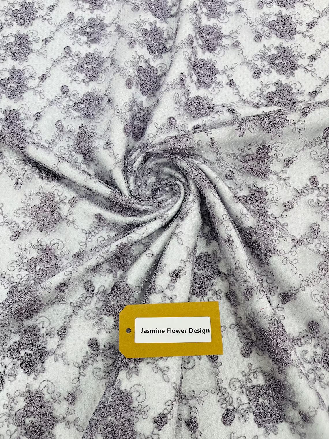 Embroidered Flower Fabric - Dark Lilac - Floral Design Scalloped Border Fabric By Yard