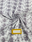 Embroidered Flower Fabric - Dark Lilac - Floral Design Scalloped Border Fabric By Yard
