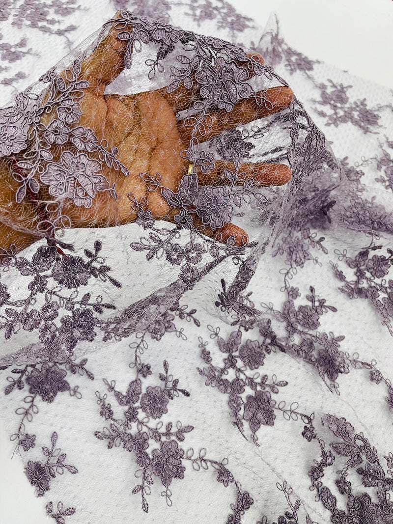 Embroidered Corded Lace Fabric - Dark Lilac - Cluster Fancy Flower Embroidered Lace Fabric By Yard