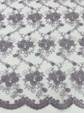 Embroidered Flower Fabric - Dark Lilac - Floral Design Scalloped Border Fabric By Yard