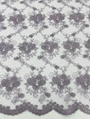 Embroidered Flower Fabric - Dark Lilac - Floral Design Scalloped Border Fabric By Yard