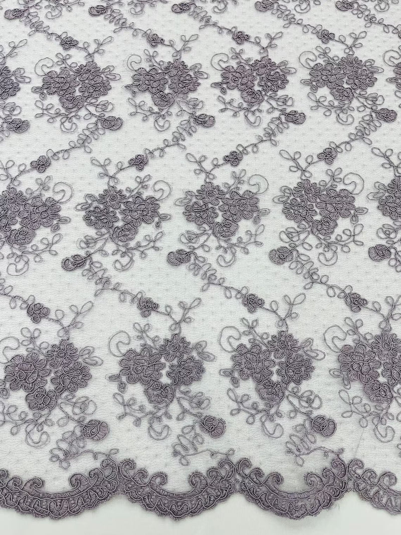 Embroidered Flower Fabric - Dark Lilac - Floral Design Scalloped Border Fabric By Yard