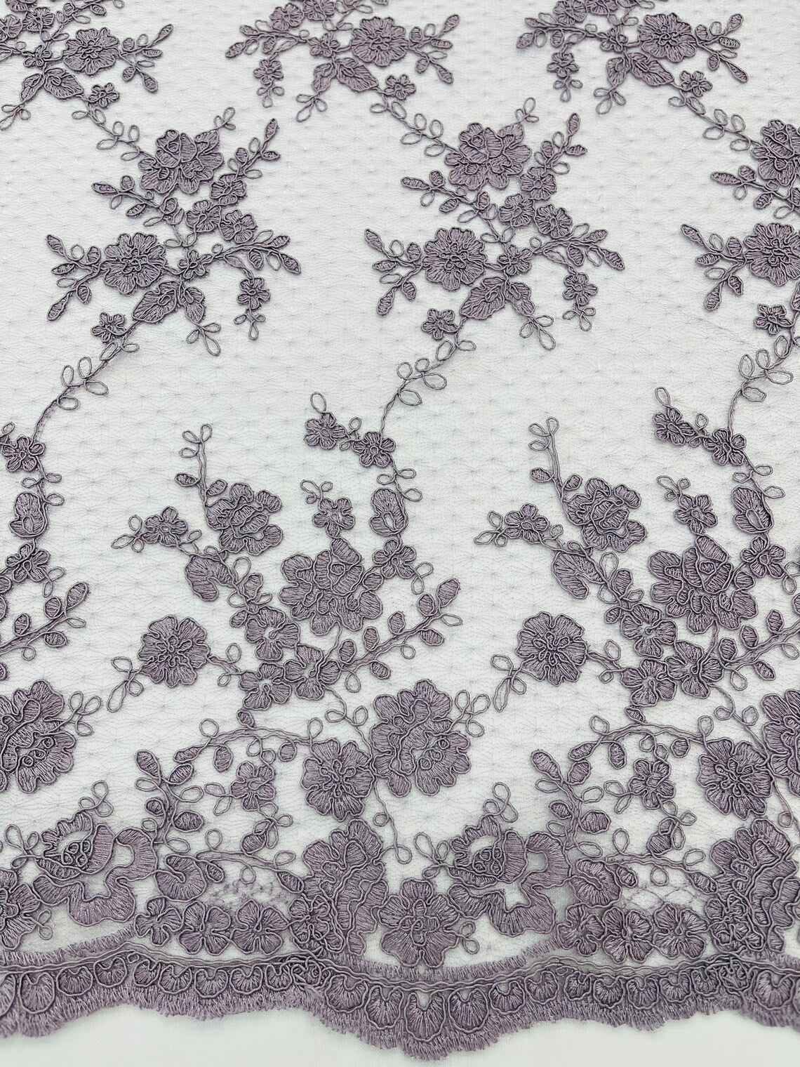 Embroidered Corded Lace Fabric - Dark Lilac - Cluster Fancy Flower Embroidered Lace Fabric By Yard