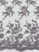 Embroidered Corded Lace Fabric - Dark Lilac - Cluster Fancy Flower Embroidered Lace Fabric By Yard