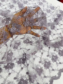 Embroidered Flower Fabric - Dark Lilac - Floral Design Scalloped Border Fabric By Yard