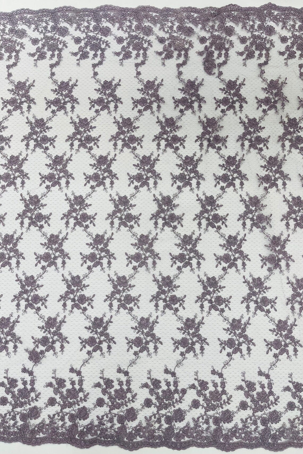 Embroidered Corded Lace Fabric - Dark Lilac - Cluster Fancy Flower Embroidered Lace Fabric By Yard