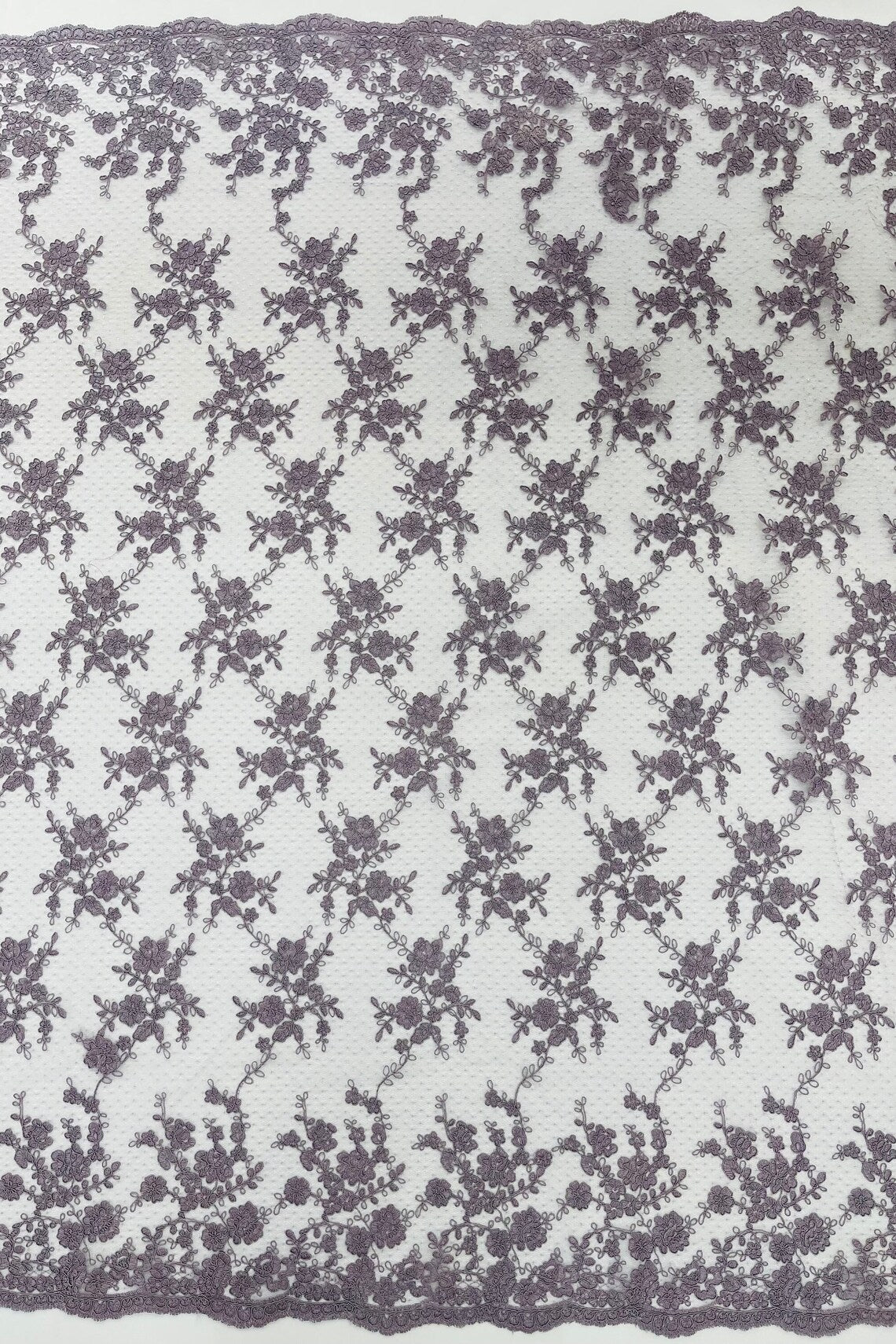 Embroidered Corded Lace Fabric - Dark Lilac - Cluster Fancy Flower Embroidered Lace Fabric By Yard