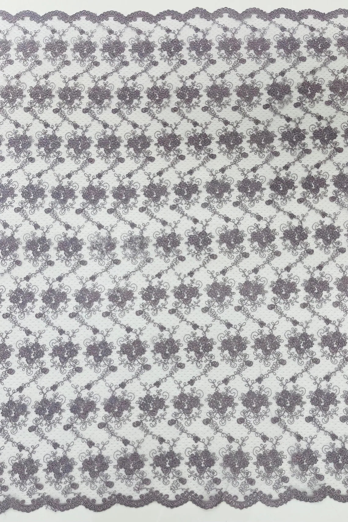 Embroidered Flower Fabric - Dark Lilac - Floral Design Scalloped Border Fabric By Yard