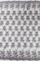 Embroidered Corded Lace Fabric - Dark Lilac - Cluster Fancy Flower Embroidered Lace Fabric By Yard