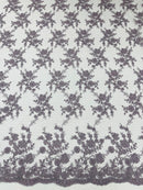 Embroidered Corded Lace Fabric - Dark Lilac - Cluster Fancy Flower Embroidered Lace Fabric By Yard