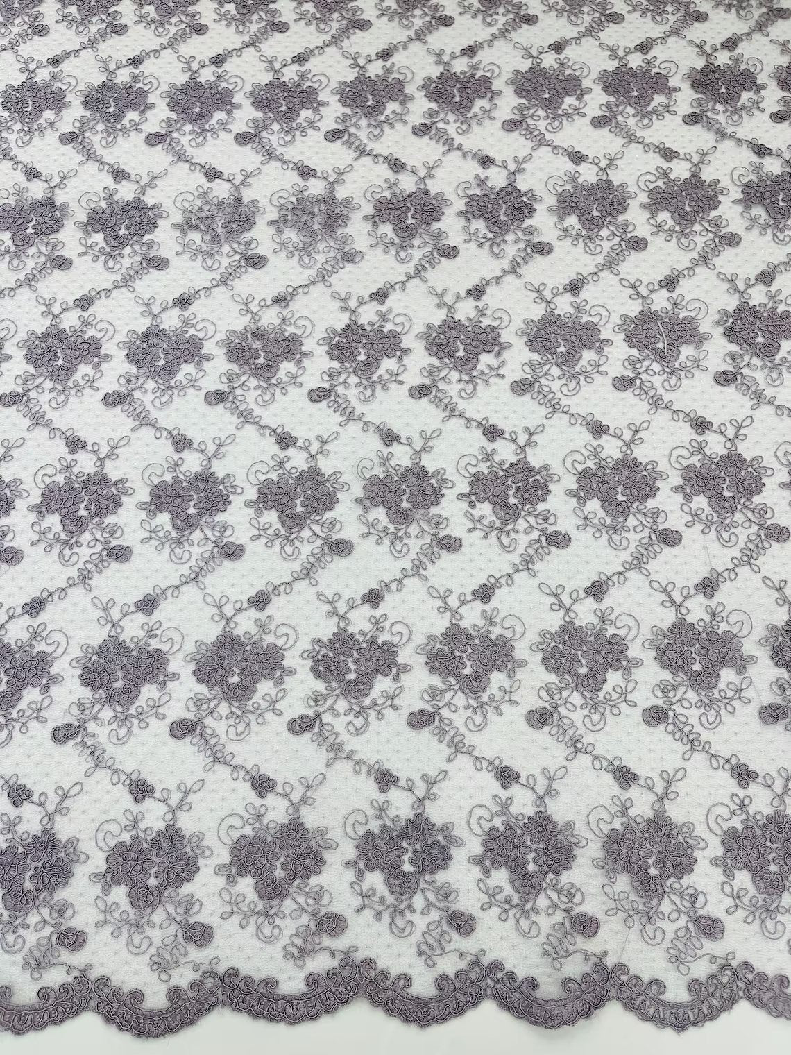 Embroidered Flower Fabric - Dark Lilac - Floral Design Scalloped Border Fabric By Yard