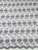 Embroidered Flower Fabric - Dark Lilac - Floral Design Scalloped Border Fabric By Yard