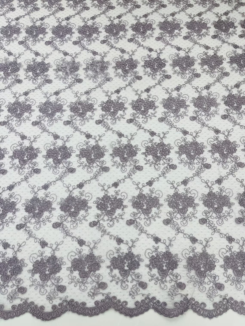Embroidered Flower Fabric - Dark Lilac - Floral Design Scalloped Border Fabric By Yard