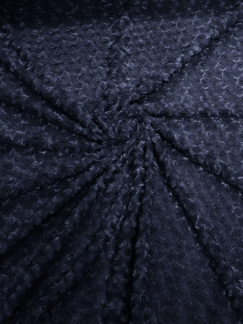 58" Minky Swirl Rose Fabric - Dark Navy Blue - Soft Rosebud Plush Fur Fabric Sold By The Yard