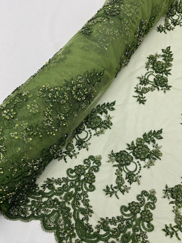 Beaded Floral Fabric - Dark Olive - Embroidered Flower Cluster Beaded Fabric Sold By Yard