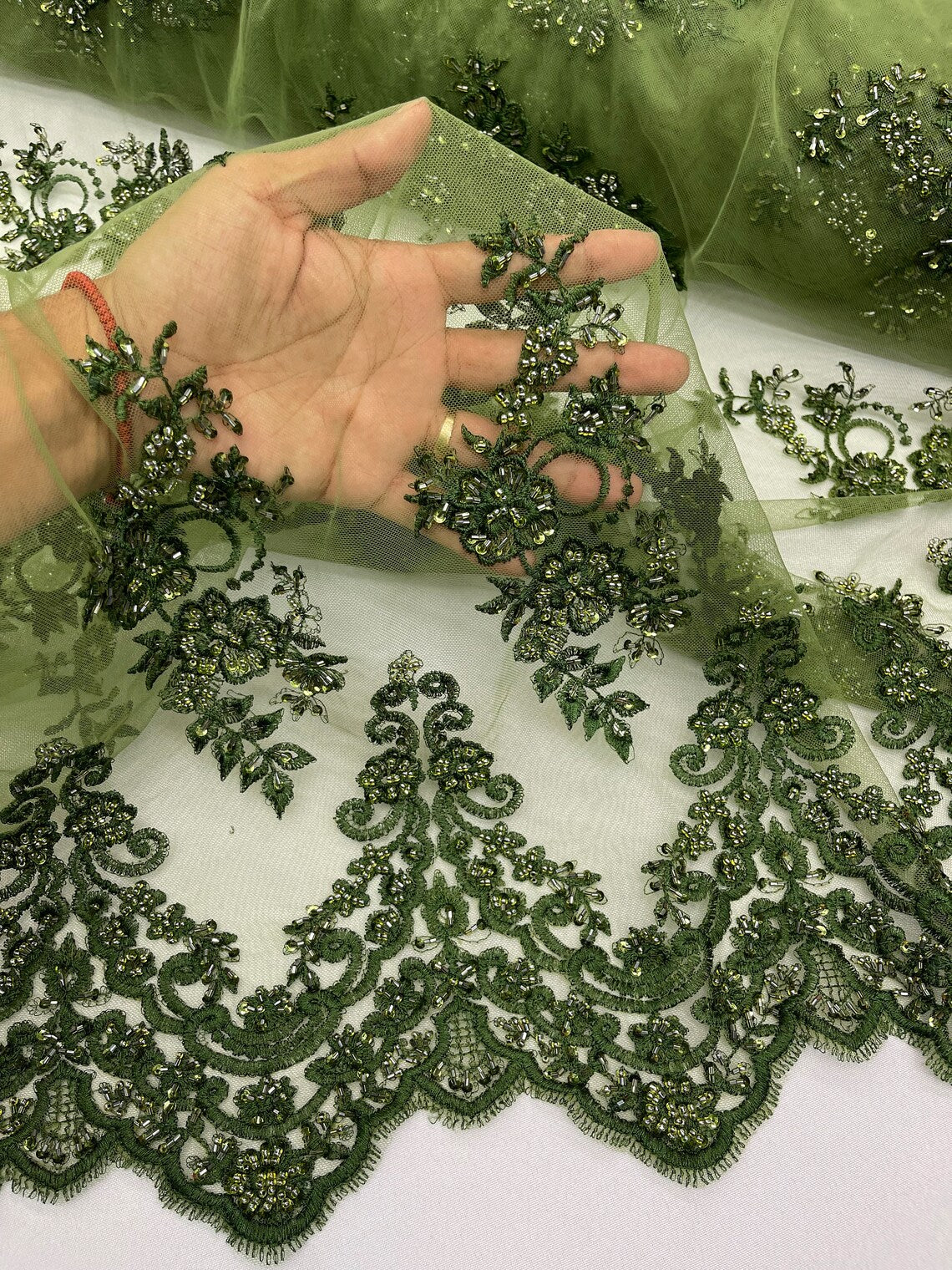 Beaded Floral Fabric - Dark Olive - Embroidered Flower Cluster Beaded Fabric Sold By Yard