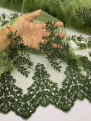 Beaded Floral Fabric - Dark Olive - Embroidered Flower Cluster Beaded Fabric Sold By Yard