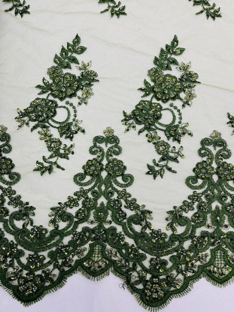 Beaded Floral Fabric - Dark Olive - Embroidered Flower Cluster Beaded Fabric Sold By Yard