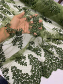 Beaded Floral Fabric - Dark Olive - Embroidered Flower Cluster Beaded Fabric Sold By Yard