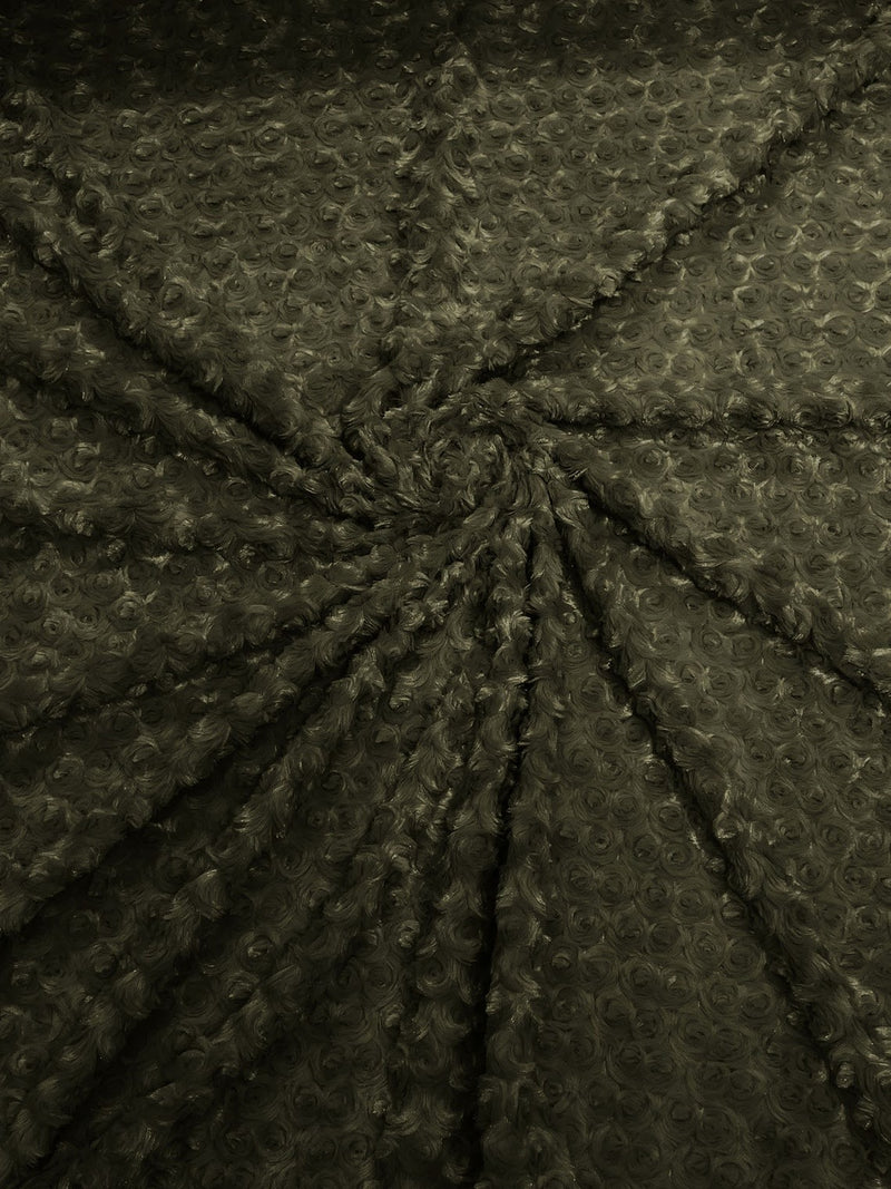 58" Minky Swirl Rose Fabric - Dark Olive Green - Soft Rosebud Plush Fur Fabric Sold By The Yard