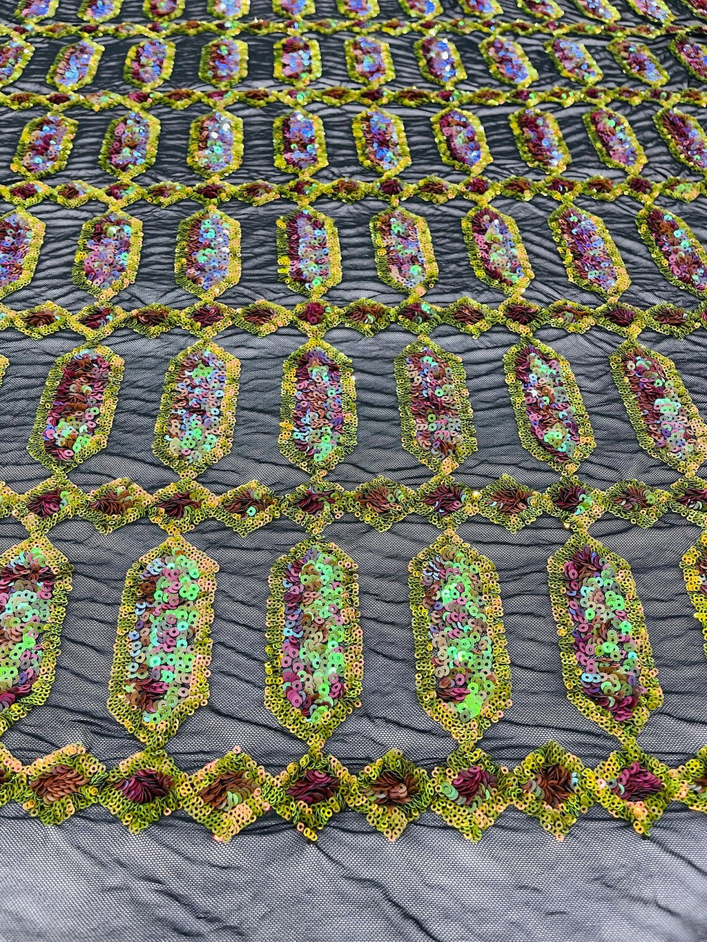 Fancy Gem Jewel Fabric - Dark Olive on Iridescent - Geometric Stretch Sequins Design on Mesh By Yard