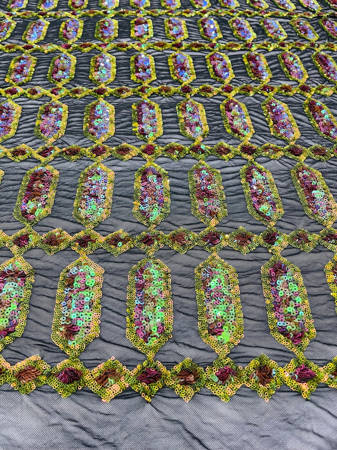 Fancy Gem Jewel Fabric - Dark Olive on Iridescent - Geometric Stretch Sequins Design on Mesh By Yard