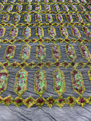 Fancy Gem Jewel Fabric - Dark Olive on Iridescent - Geometric Stretch Sequins Design on Mesh By Yard