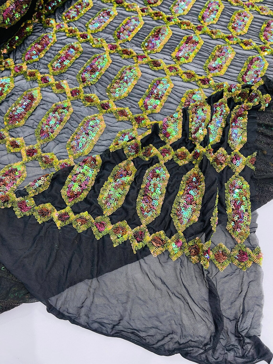Fancy Gem Jewel Fabric - Dark Olive on Iridescent - Geometric Stretch Sequins Design on Mesh By Yard