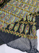 Fancy Gem Jewel Fabric - Dark Olive on Iridescent - Geometric Stretch Sequins Design on Mesh By Yard