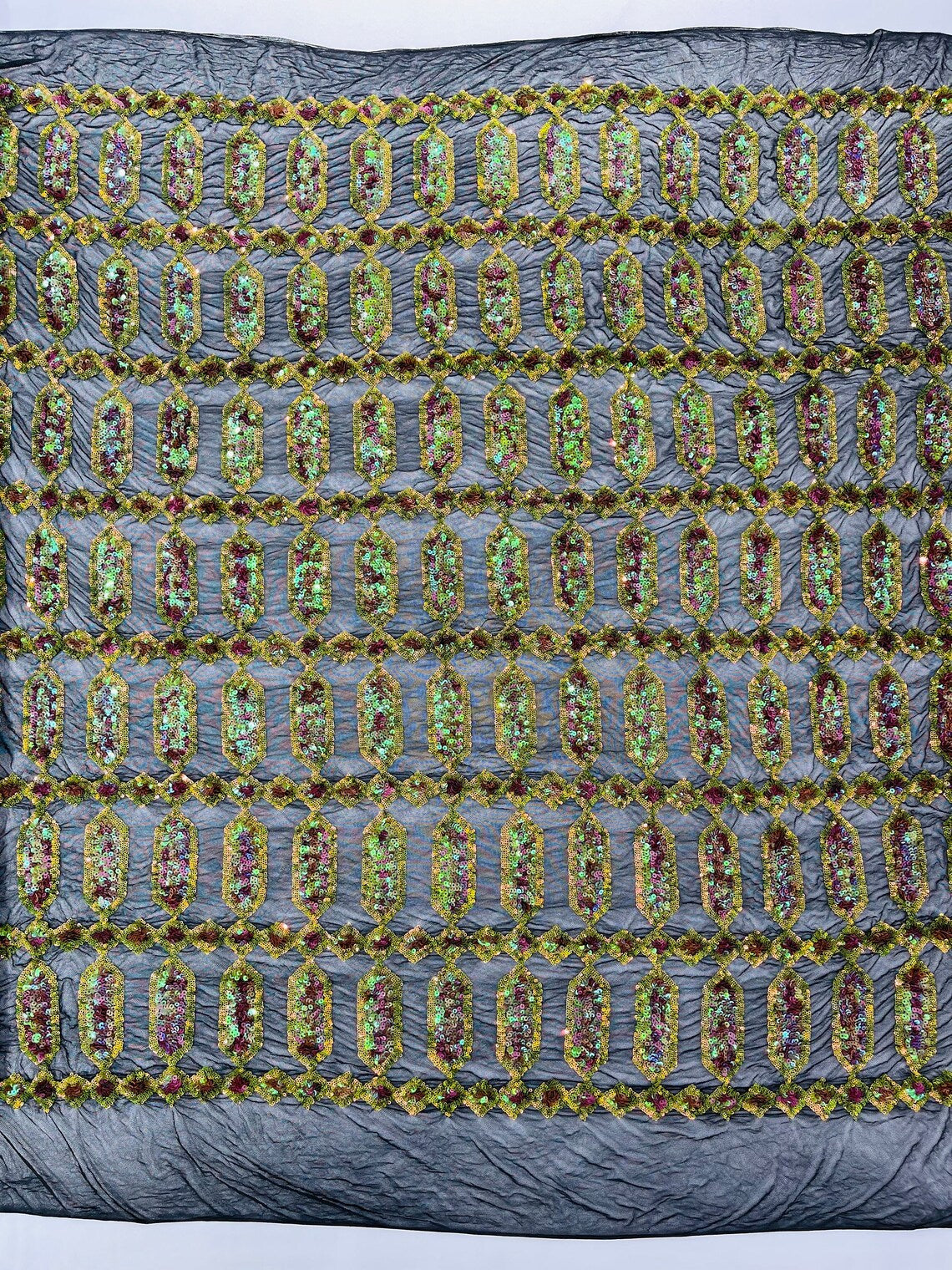 Geometric Stretch Sequin - Fancy Gem Jewel Design on Mesh Pick Color - 25 Yard Roll