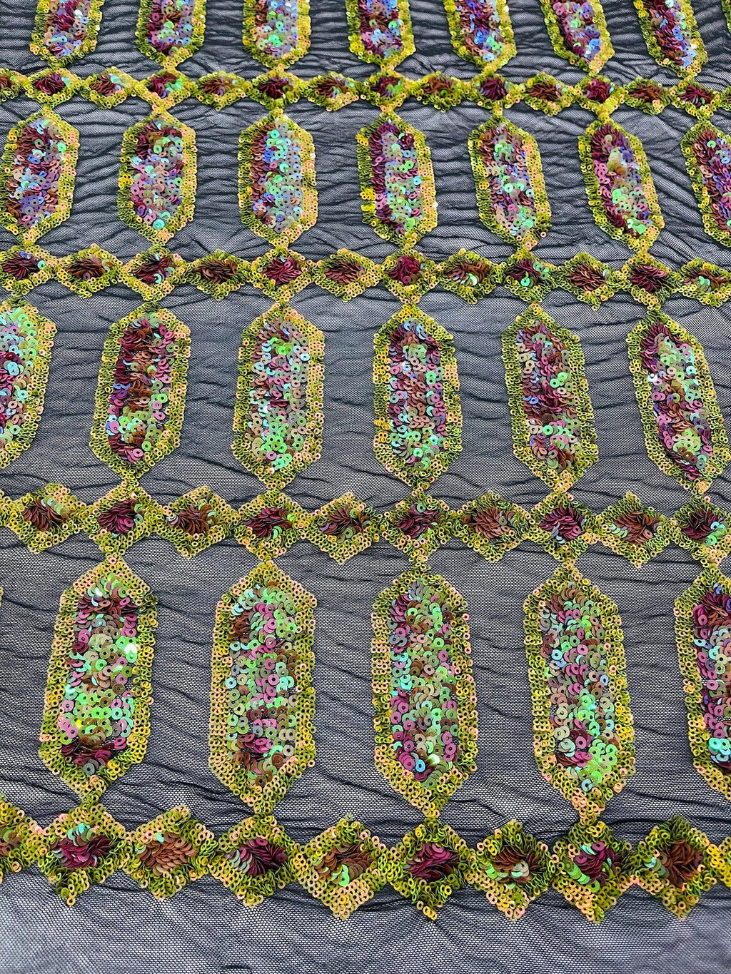 Fancy Gem Jewel Fabric - Dark Olive on Iridescent - Geometric Stretch Sequins Design on Mesh By Yard