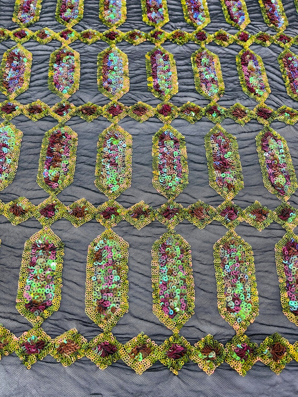 Fancy Gem Jewel Fabric - Dark Olive on Iridescent - Geometric Stretch Sequins Design on Mesh By Yard