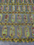 Fancy Gem Jewel Fabric - Dark Olive on Iridescent - Geometric Stretch Sequins Design on Mesh By Yard
