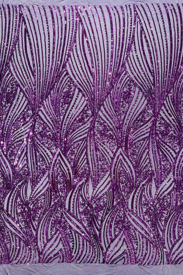 Curvy Line Design Fabric - Dark Purple - 4 Way Stretch Sequins Design Mesh Lace Fabric by Yard