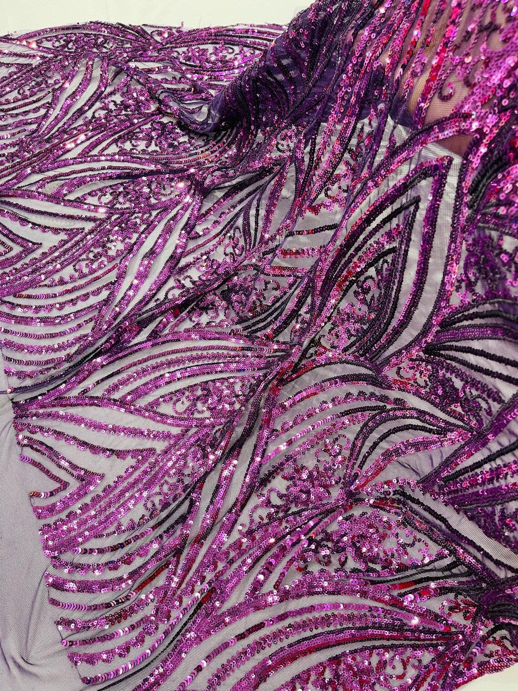 Curvy Line Design Fabric - Dark Purple - 4 Way Stretch Sequins Design Mesh Lace Fabric by Yard