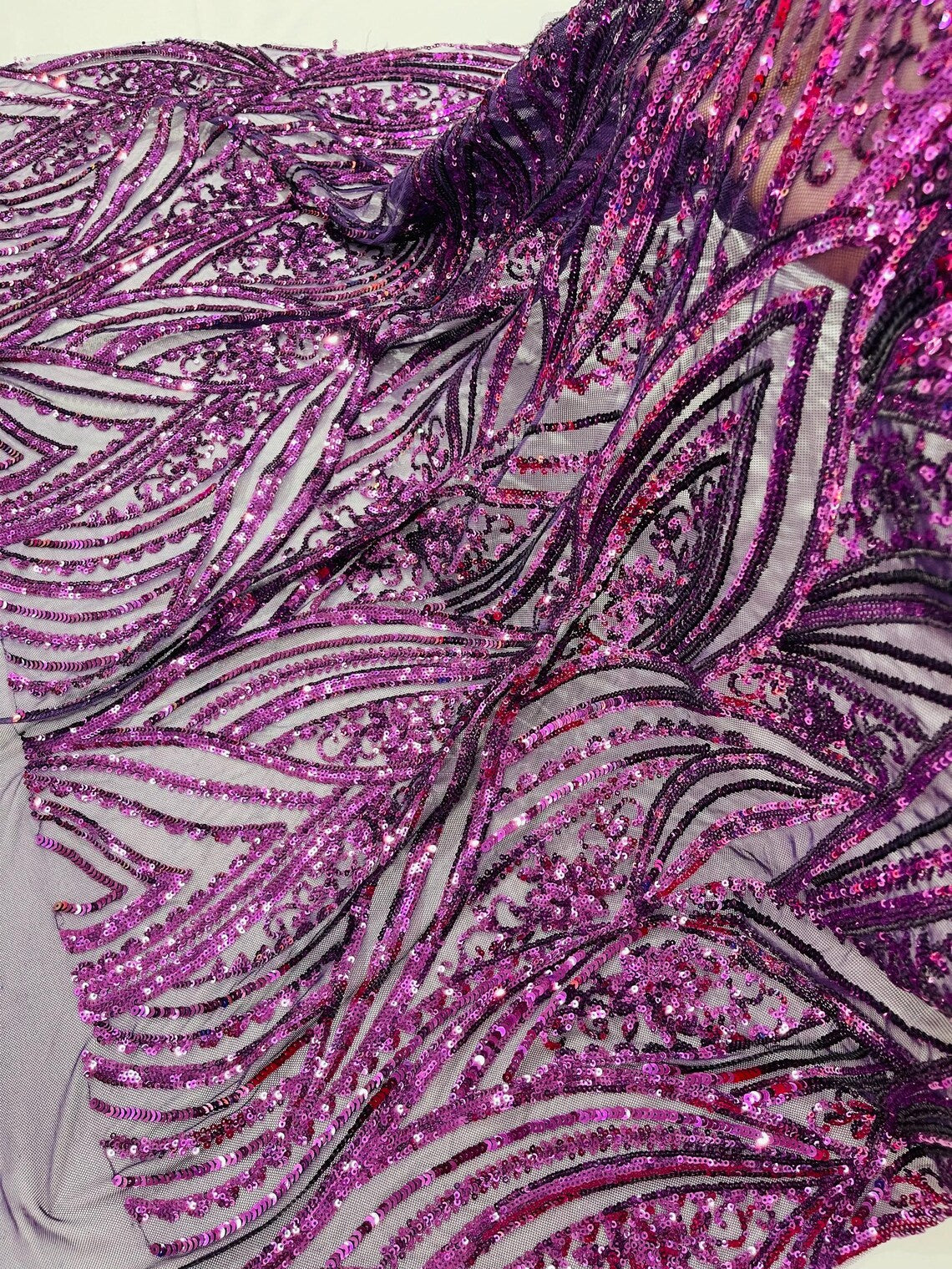 Curvy Line Design Fabric - Dark Purple - 4 Way Stretch Sequins Design Mesh Lace Fabric by Yard