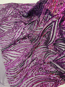 Curvy Line Design Fabric - Dark Purple - 4 Way Stretch Sequins Design Mesh Lace Fabric by Yard