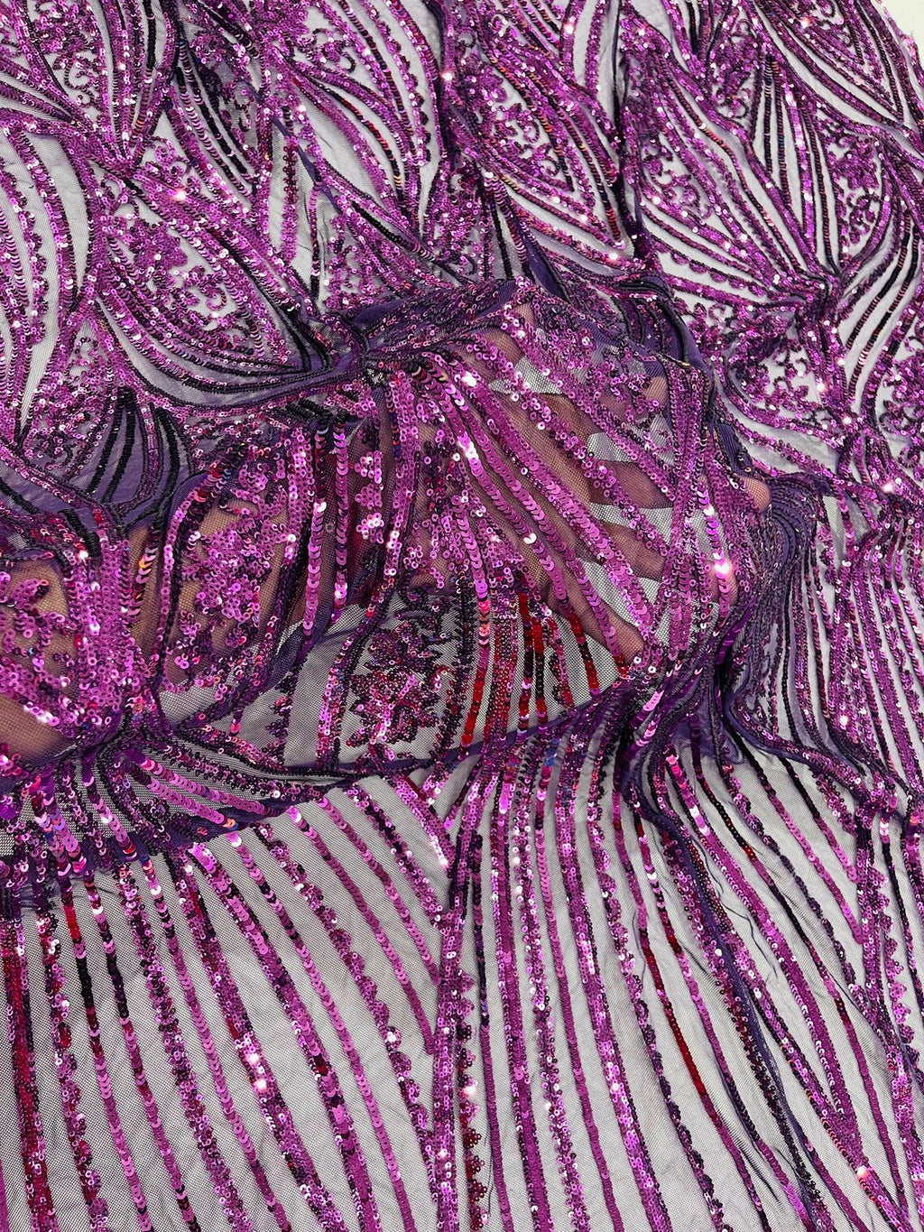 Curvy Line Design Fabric - Dark Purple - 4 Way Stretch Sequins Design Mesh Lace Fabric by Yard