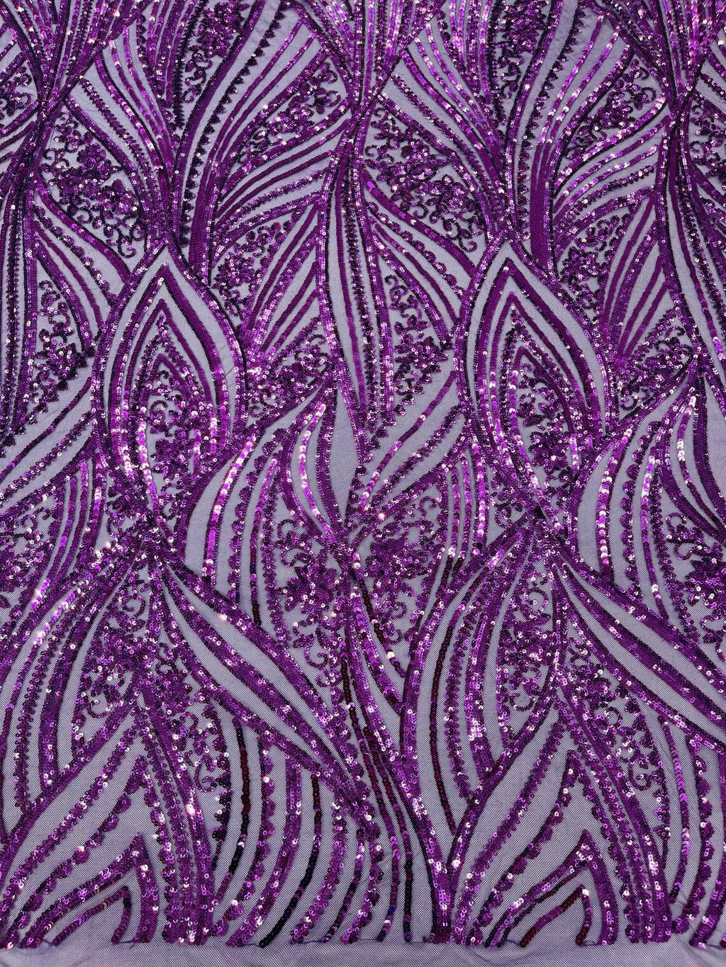 Curvy Line Design Fabric - Dark Purple - 4 Way Stretch Sequins Design Mesh Lace Fabric by Yard