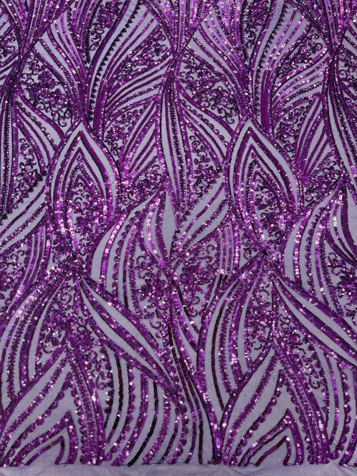 Curvy Line Design Fabric - Dark Purple - 4 Way Stretch Sequins Design Mesh Lace Fabric by Yard
