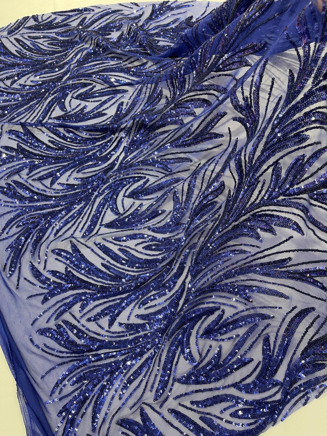 Leaf Design Stretch Sequins - Dark Royal Blue - 4 Way Stretch Lace Mesh Sequins Fabric by Yard