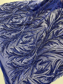 Leaf Design Stretch Sequins - Dark Royal Blue - 4 Way Stretch Lace Mesh Sequins Fabric by Yard