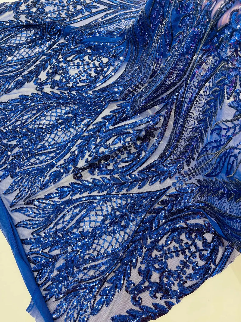 Mermaid Design Sequins Fabric - Dark Royal Blue - Sequins Fabric 4 Way Stretch on Mesh By Yard