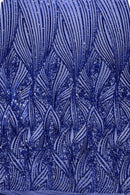 Curvy Line Design Fabric - Dark Royal Blue - 4 Way Stretch Sequins Design Mesh Lace Fabric by Yard