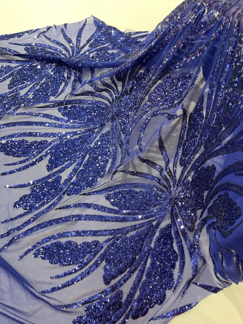 Wavy Leaf Sequins Fabric - Dark Royal Blue - Wavy Lines and Leaves Design on Lace Mesh Fabric by Yard