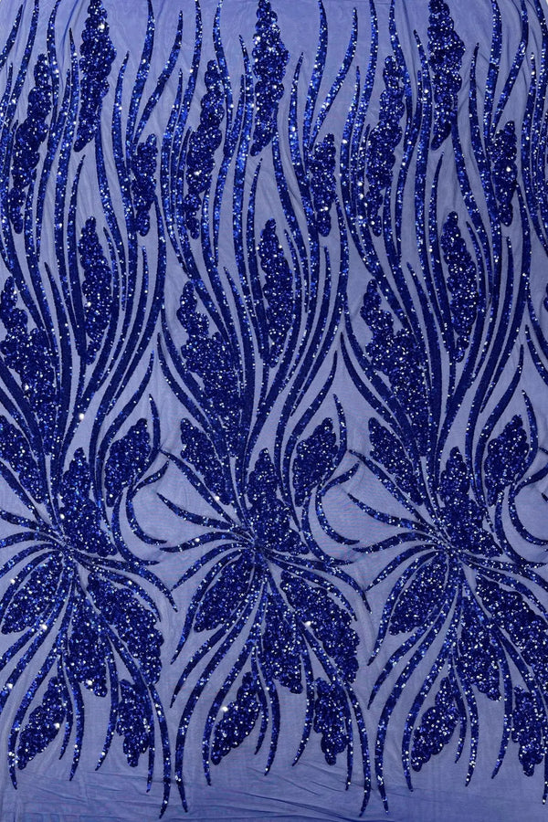 Wavy Leaf Sequins Fabric - Dark Royal Blue - Wavy Lines and Leaves Design on Lace Mesh Fabric by Yard